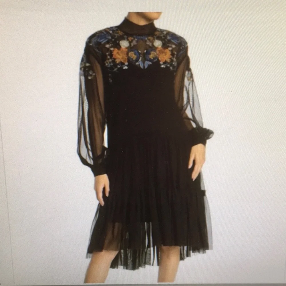 FP/BLACK-“SHEER DELIGHT”HIGH NECK EMBROIDERED SEQUIN MIDI DRESS